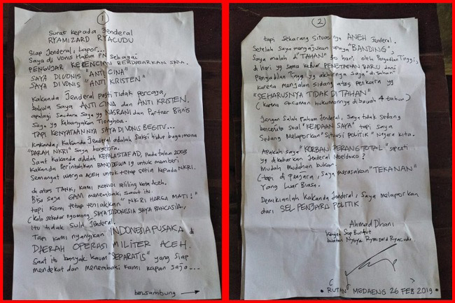Ahmad Dani Tulis Surat Untuk Jendral Ryamizard Ryacudu