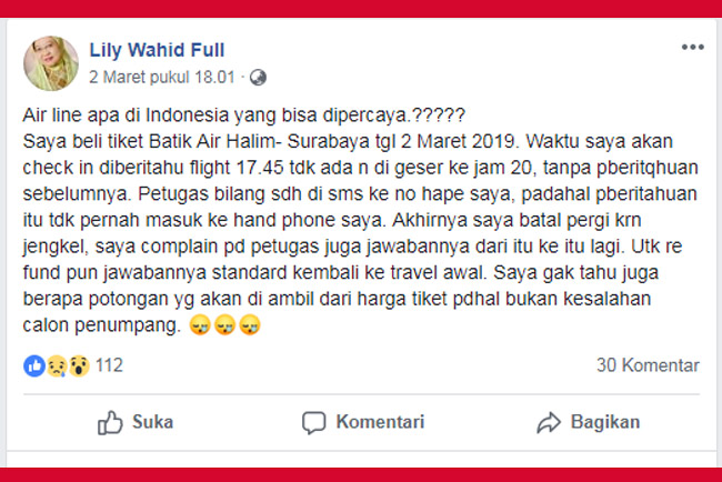 Tulisan Lily Wahid Keluhkan Pelayanan Oknum Petugas Batik Air